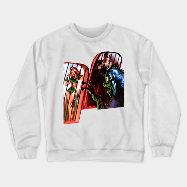 Sexy Woman Man from Planet Earth Prisoners of Alien Monster Cage Bar Retro Comic Vintage Cartoon Crewneck Sweatshirt by REVISTANGO